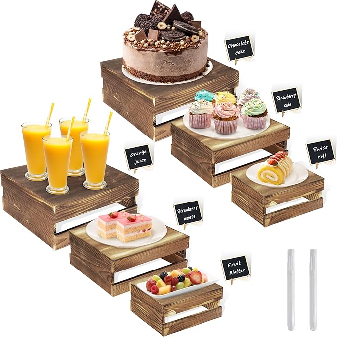 6 Pcs Buffet Risers with Mini Signs, Rustic Wood Cake Stands, Food Risers by Cecnamt