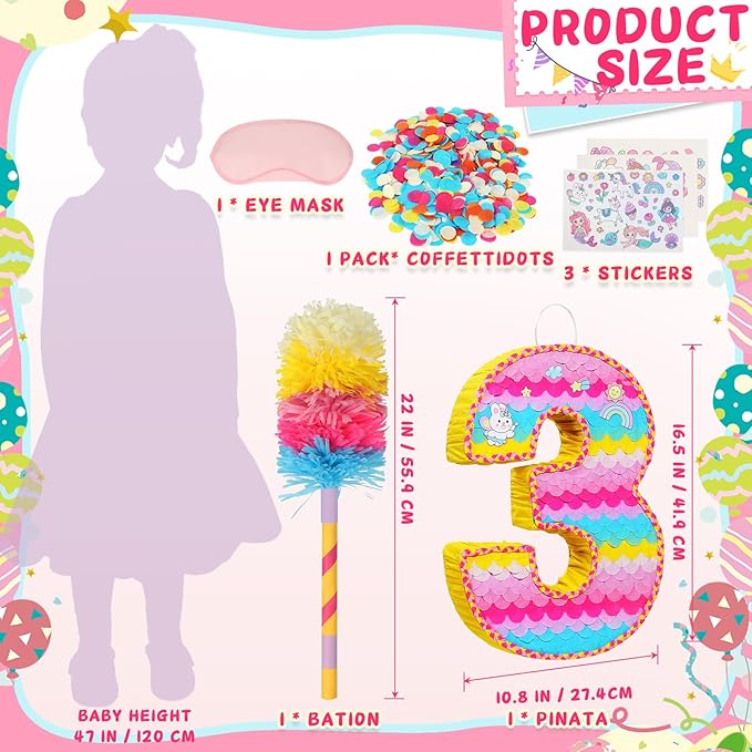 Number 3 Pinata for Birthday Party Decorations, Unicorn Mermaid Theme Pink - Image 4