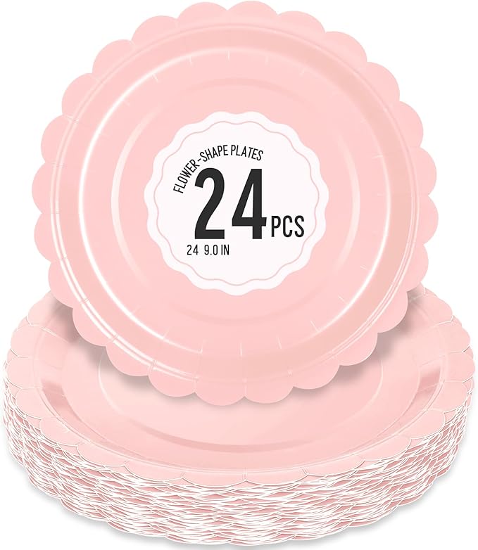 24 Pcs Pink Paper Plates 9 Inch Scalloped Dessert Plates by Polinook-TheAnswerToEveryClutteredSpace