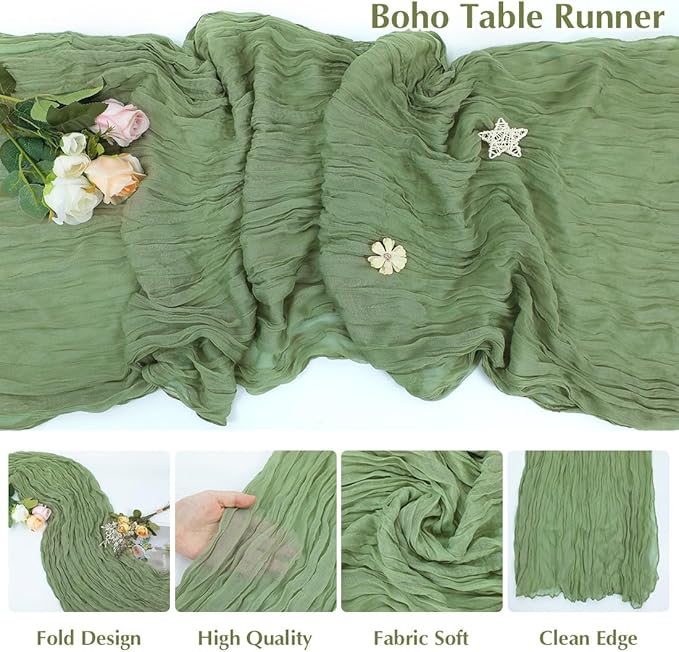 Olive Green Cheesecloth Table Runner -21*120Inch Long Boho Wedding Table Decor - Image 3