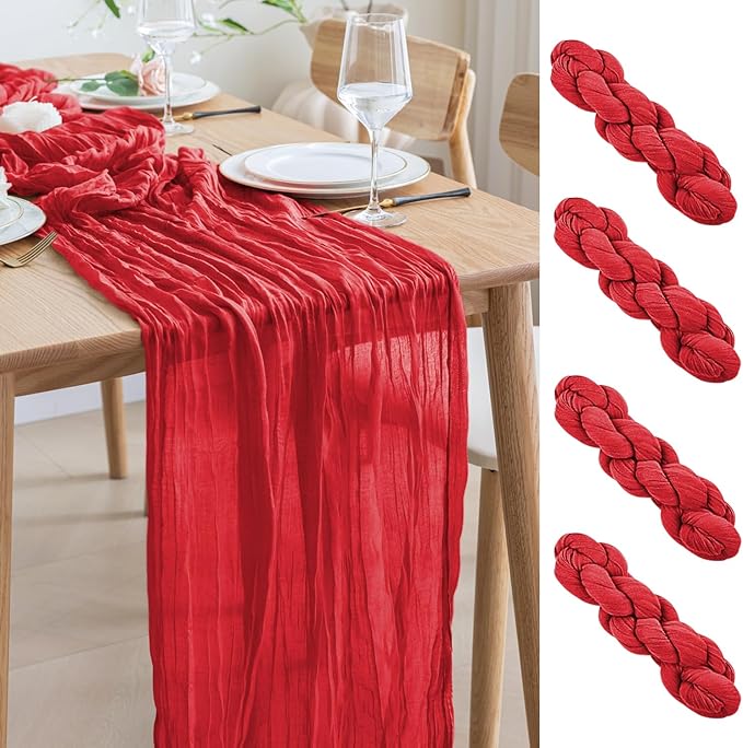 Asee'm 4PCS Fall Table Runner Cheesecloth 10FT Red Boho Gauze Fabric Rustic by Aseem