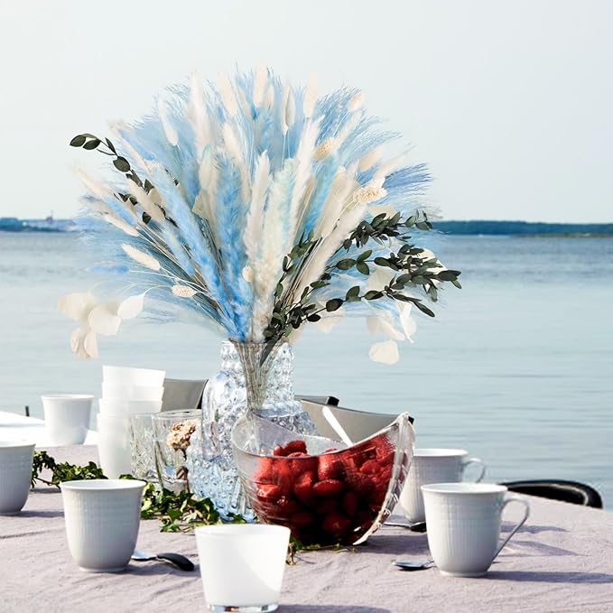 N&T NETING 101Pcs Blue Pampas Grass Decor Natural Dried Floral Pampas Grass - Image 7