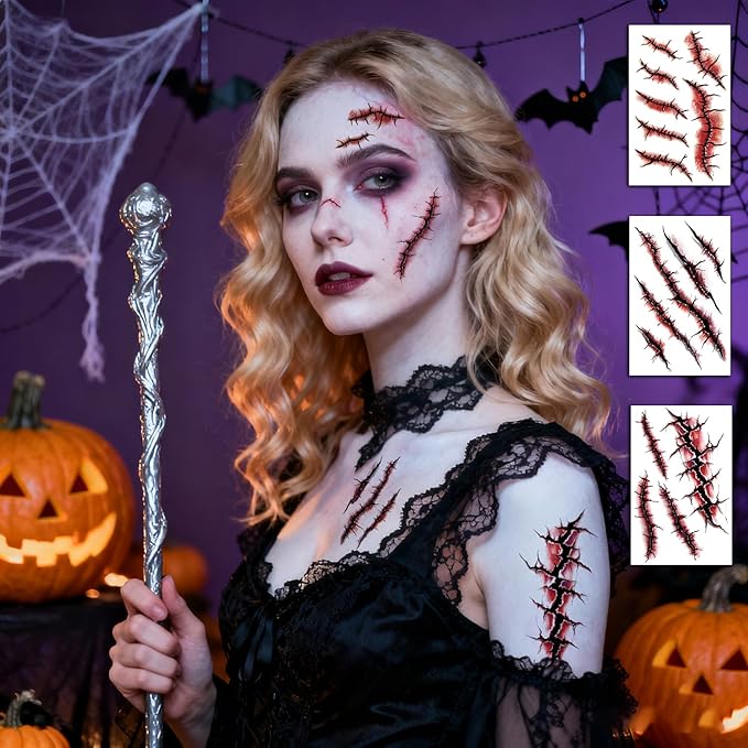 JCFIRE 12 Sheets Halloween Makeup Kit, Fake Scars Halloween Temporary Tattoos - Image 3