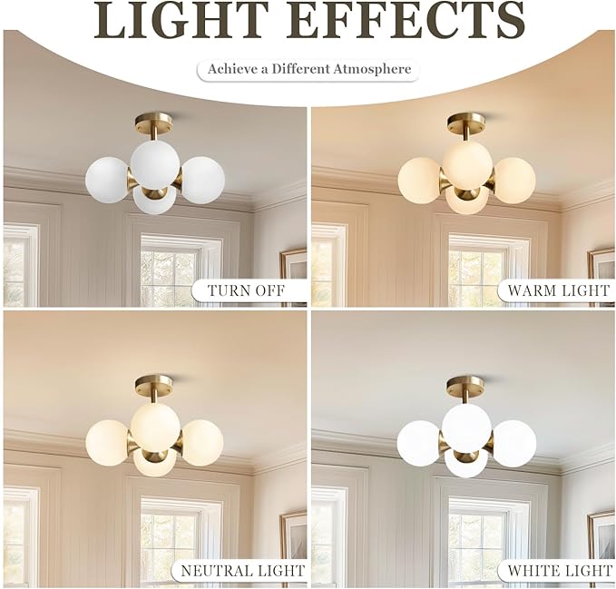 KCO Lighting Antique Brass 4-Light Ceiling Light Mid-Century Frosted Glass - Image 4