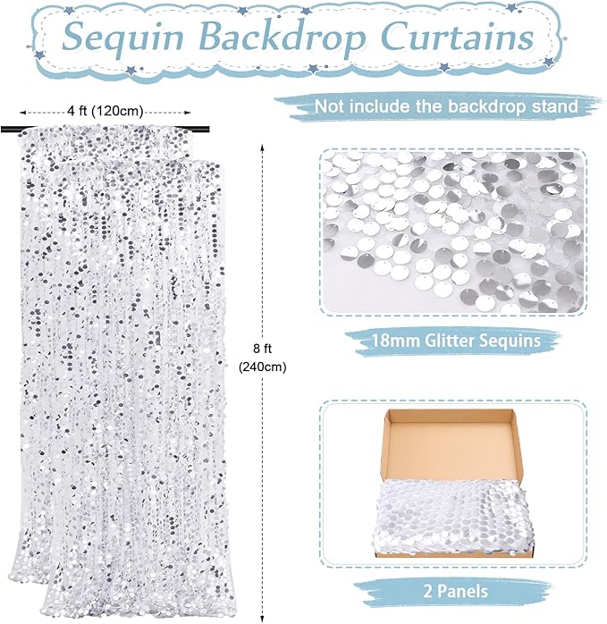 Silver Sequin Backdrop Curtains 2 Panels 4FTx8FT Big Payette Glitter Backdrop - Image 5