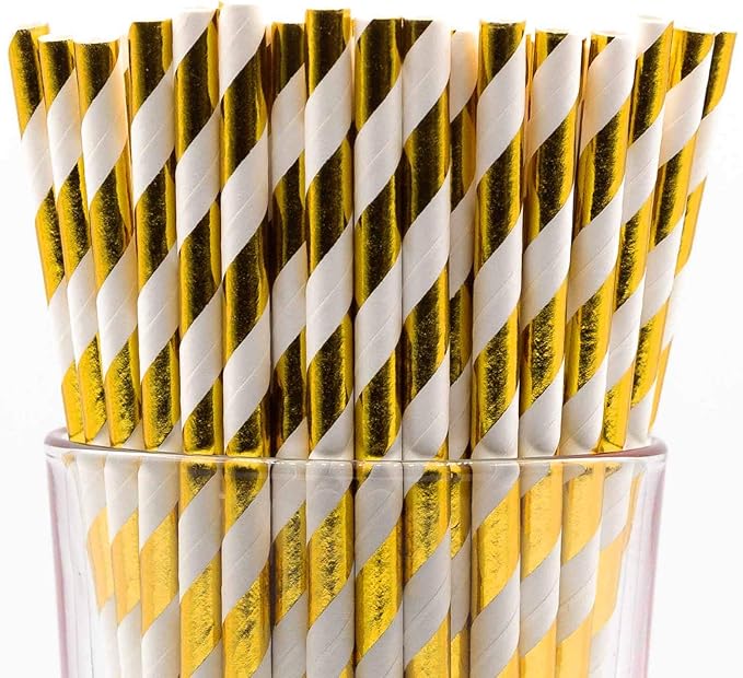 Pack of 300 Gold Foil Swirls Biodegradable 4-Ply Paper Drinking Straws by Stephanie+Imports
