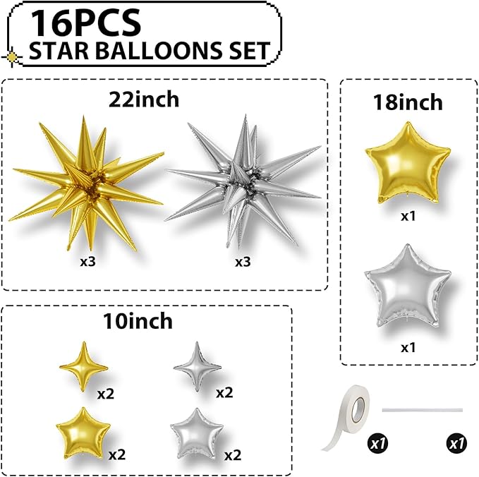 16 Pcs Gold Silver Star Balloons, 22/18/10 Inch Foil Balloons, Four-Pointed - Image 2