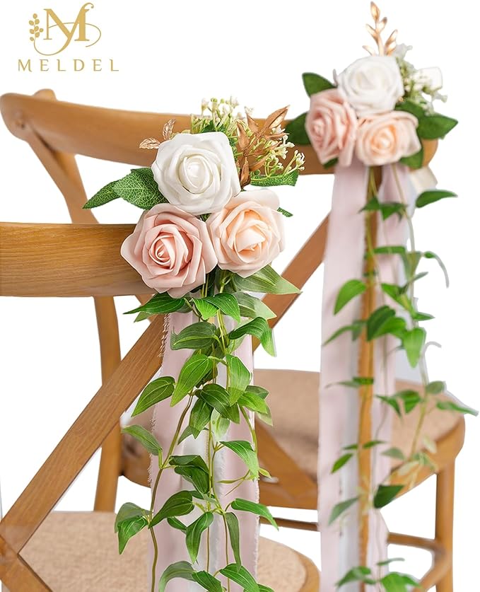 Meldel Wedding Chair Decorations Set of 10 Aisle Artificial Flowers White Pink - Image 5