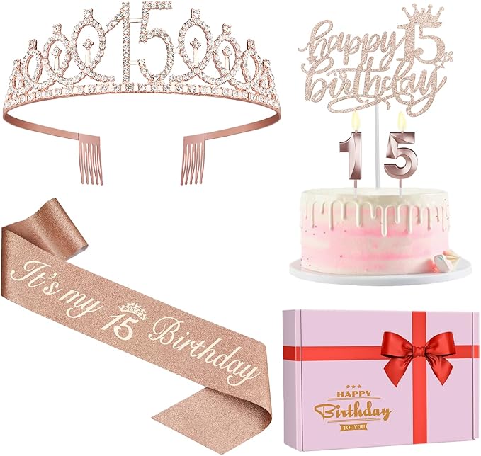 15th Birthday Decorations for Girls, Including Sash, Crown/Tiara, Cake Toppers. by JueslyBirthdayParty