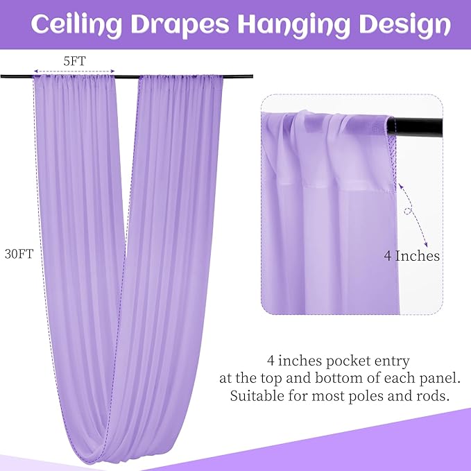 6 Panels Lilac Wedding Ceiling Drapes 5ftx30ft Ceiling Drapes Chiffon Fabric - Image 2