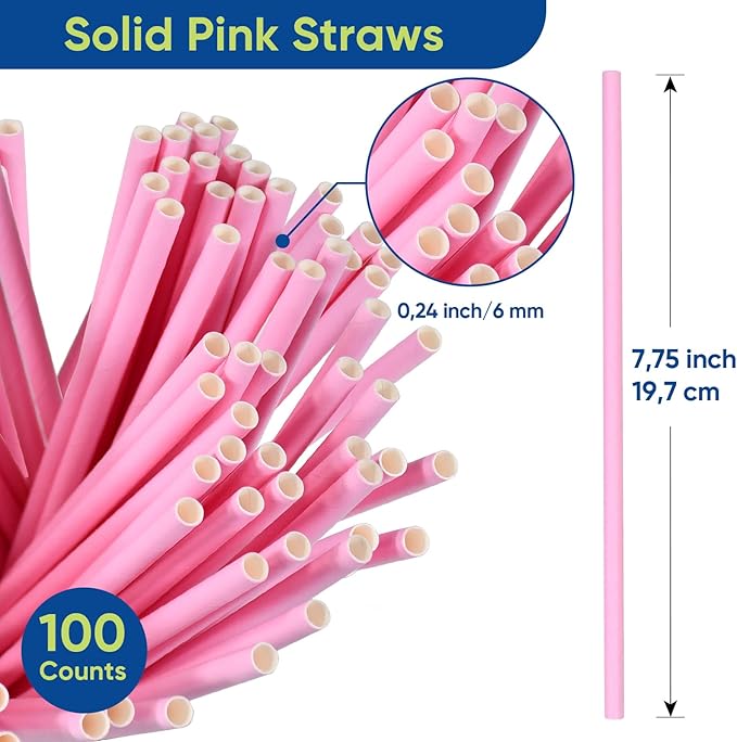 Solid Pink Disposable Paper Drinking Straws 7.75 inch 100 Counts - Image 3