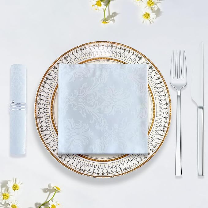 White Jacquard Square Napkin, Damask Wrinkle Resistant Soft Polyester Napkins - Image 2