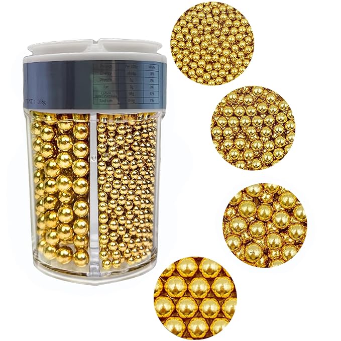 4 in 1 Super Gold Pearl Sugar Sprinkles 6 oz, 4 sizes Candy Pearls Ideal by Clonynix
