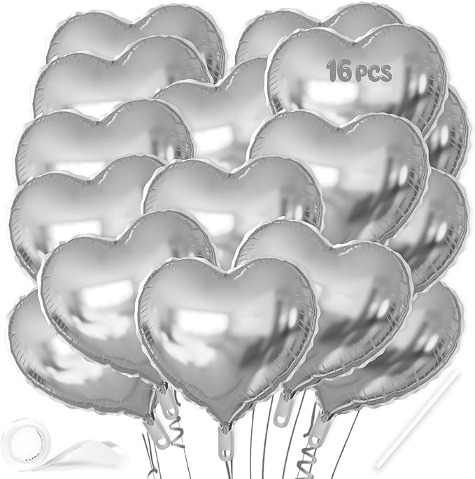 16 Pcs Heart Balloons, 18 Inch Silver Love Heart Shaped Foil Balloons by VHUWE