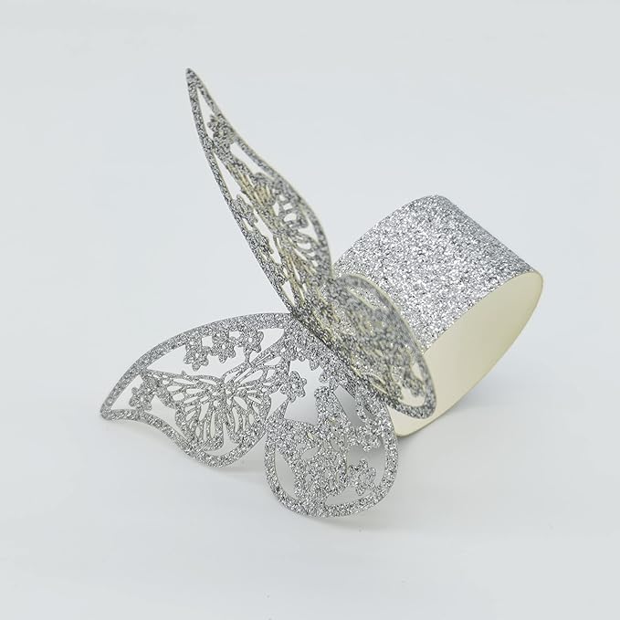 Butterfly Bright Silver Paper Napkin Rings Set of 100 pcs，3D Laser Cutout Paper - Image 3