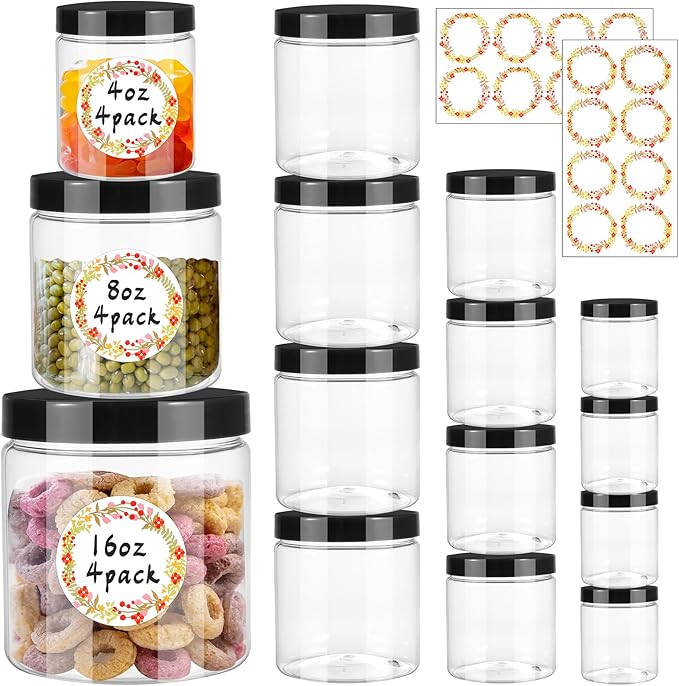 12pcs Plastic Jars with Lids 16 oz & 8 oz & 4 oz, Leakproof Storage Containers by Dlerom