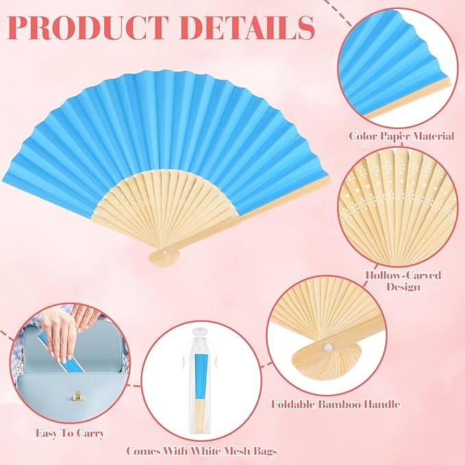 6 Pieces Blue Hand Held Bamboo Folding Fans Foldable Paper Fans Handheld - Image 3