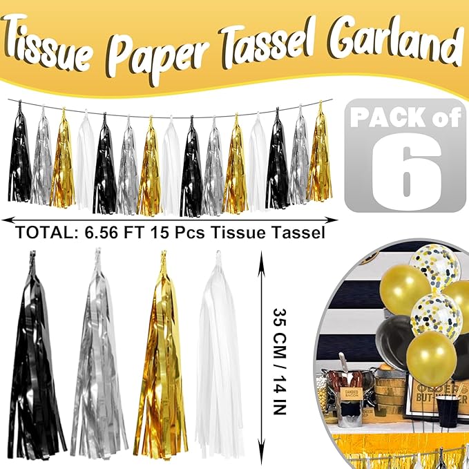6P Black Gold Silver Foil Fringe Metallic Tassel Garland, Tassels Banner - Image 2