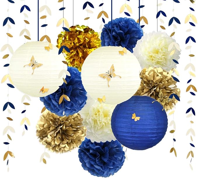 Navy Blue and Gold Party Decoration Kit Lanterns Flowers Pom Pom by pinkblume