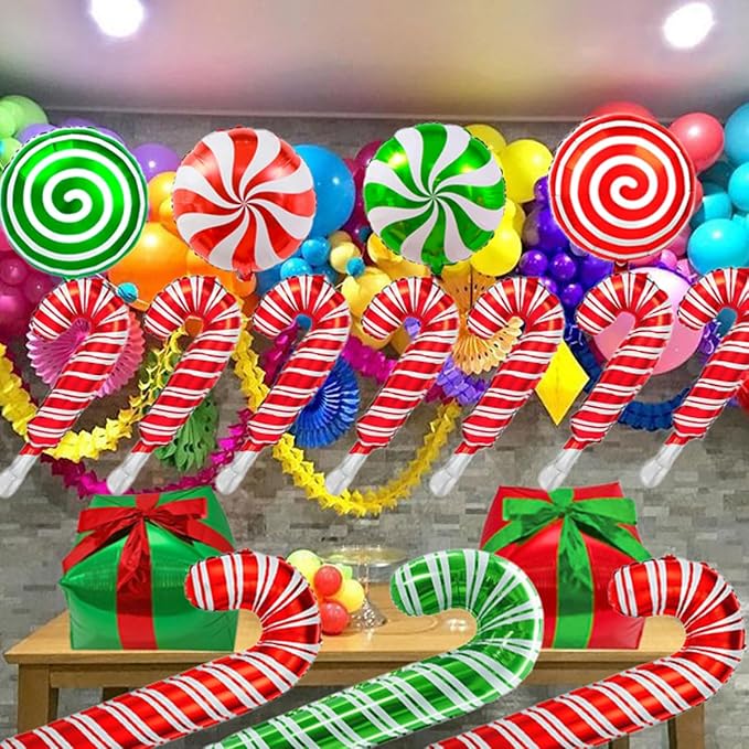 Christmas Cane Candy Balloons Red Green Candy Cane Gift Box Foil Balloons - Image 5