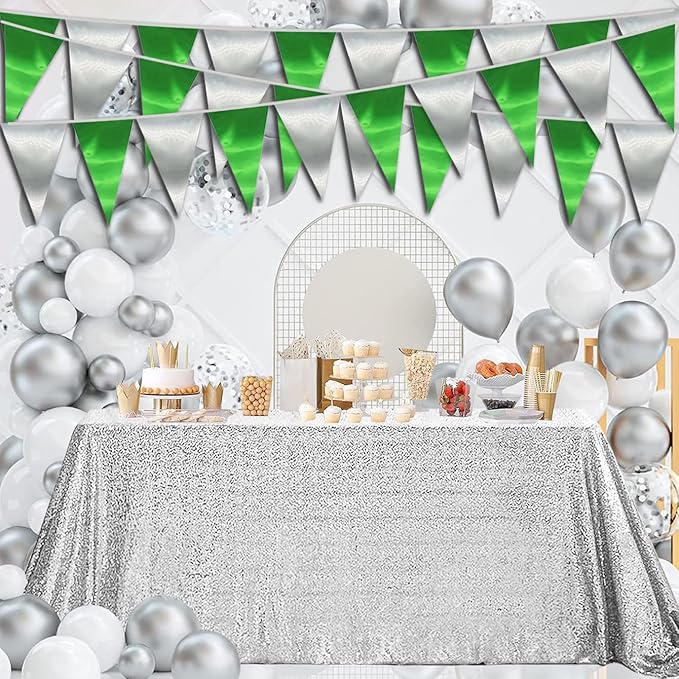 20M/65FT Green Silver Triangle Pennant Banner Flag Metallic Fabric Bunting - Image 3