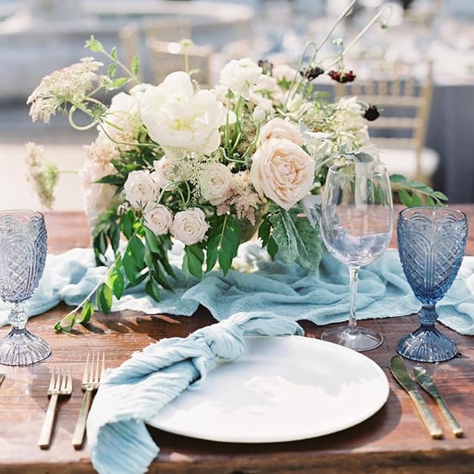 Hahuho Dusty Blue Cheesecloth Table Runner 10ft, Gauze Boho Rustic Table Runners - Image 6