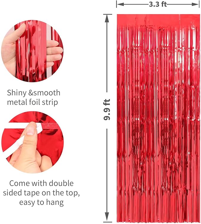 Crosize 4 Pack 3.3 x 9.9 ft Red Foil Fringe Curtains Party Decorations - Image 2