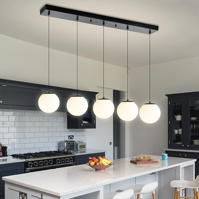 5-Lights Globe Pendant Light for Kitchen Island H 98" Black Rectangle - Image 7