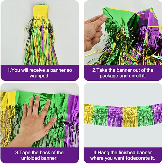 BEISHIDA 3 Packs Metallic Foil Fringe Garland Green Gold Purple Wall Hanging - Image 2