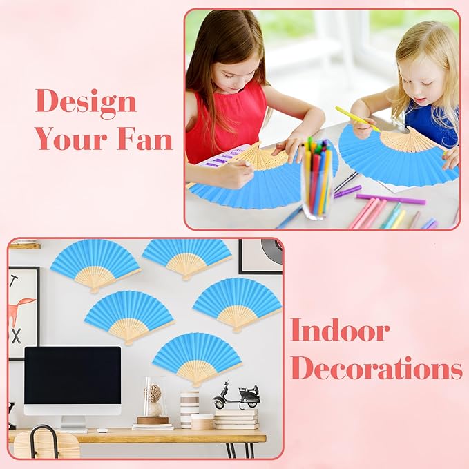 6 Pieces Blue Hand Held Bamboo Folding Fans Foldable Paper Fans Handheld - Image 4