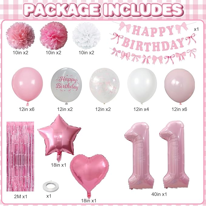 11th Birthday Decorations for Girls Pink Number 11 Balloon Bow Coquette Happy - Image 3
