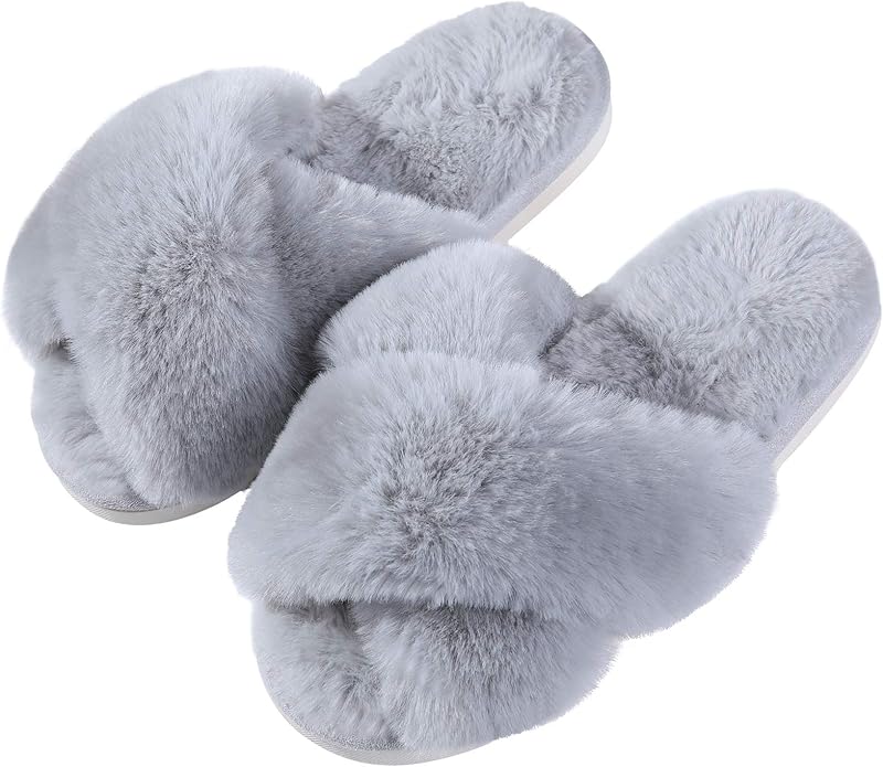 Evshine Women's Fuzzy Slippers Cross Band Memory Foam House Slippers Open Toe by Evshine