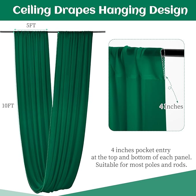 6 Panels Emerald Green Wedding Ceiling Drapes 5ftx10ft Ceiling Drapes Chiffon - Image 2