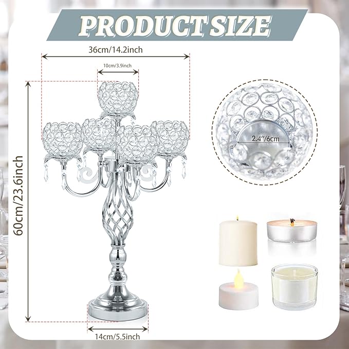 5-Arm Crystal Candelabra Centerpiece 23.2" Tall - Image 2