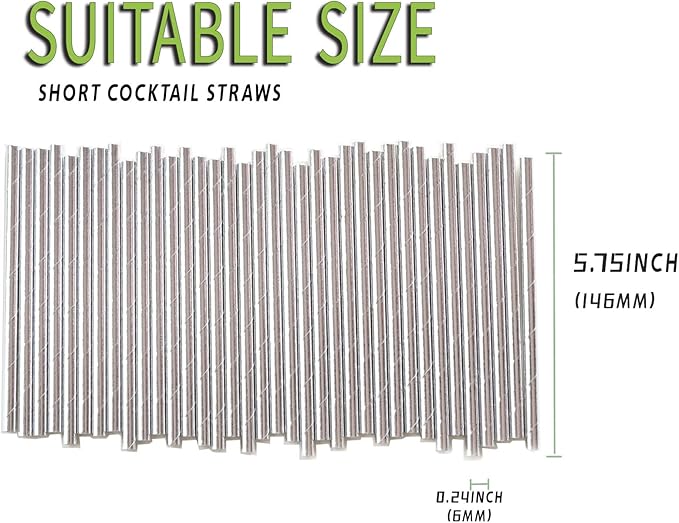 Paper Drinking Straws Cocktail Silver, Compostable Disposable Straws - Image 3