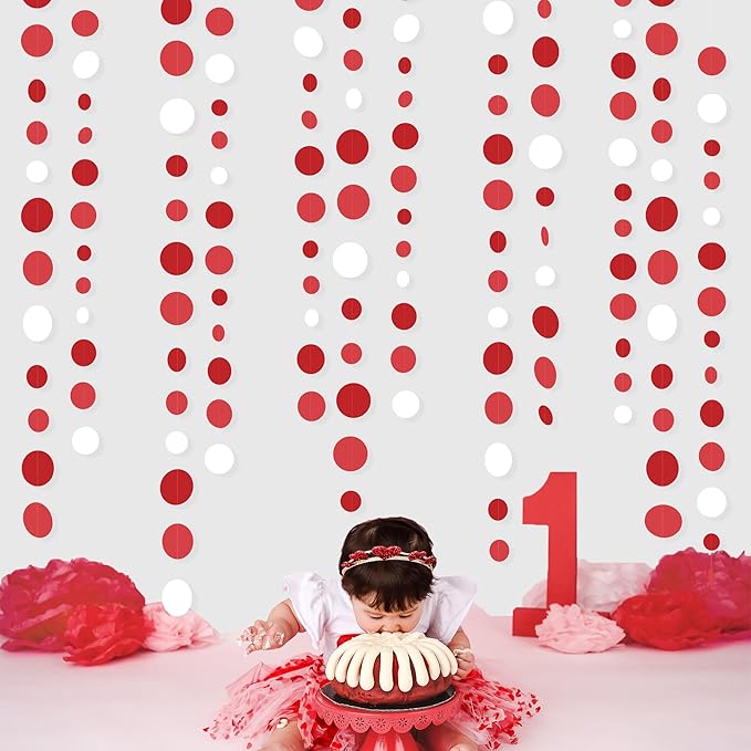 46 Ft Red Party Decorations Polka Dots Garlands Red and White Hanging Paper - Image 5