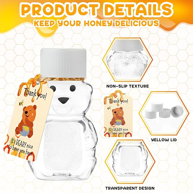 96 Sets 2 oz Plastic Honey Bear Bottle Bear Shape Clear Empty Honey Jar 96 Tags - Image 3
