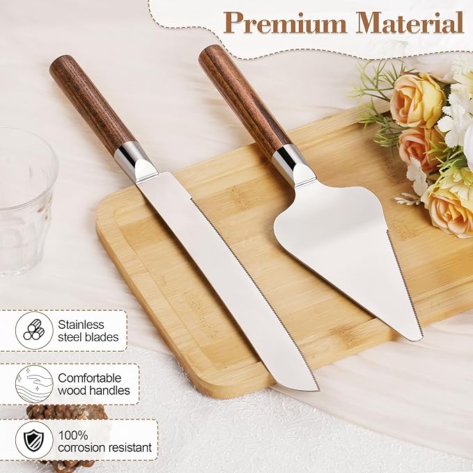 Cake Cutting Set for Wedding, Wood Cake Knife and Server Set, Vintage Pie Cake - Image 3