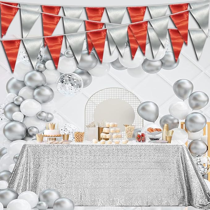 65FT Red Silver Triangle Pennant Banner Flag Metallic Fabric Bunting Garland - Image 5