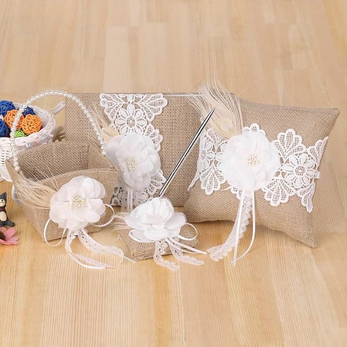 Fbest 4pcs/Set Vintage Rustic Burlap Wedding Supplies Flower Girl Basket + Ring - Image 4