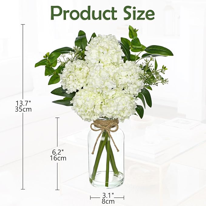 Hollyone White Hydrangea Artificial Flowers in Clear Glass Vase - Image 2