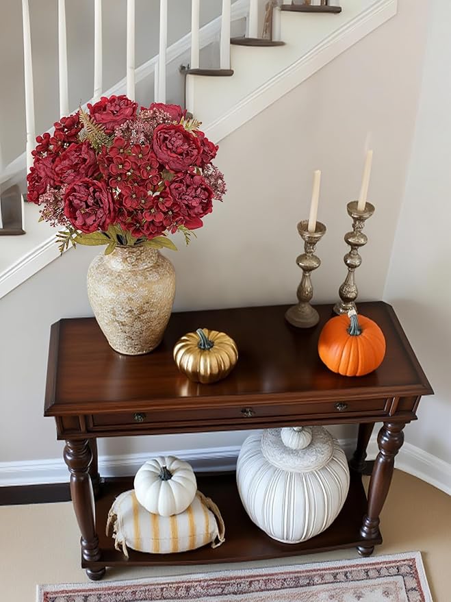 Hollyone 2 Bundles Artificial Fall Flowers Bouquet 18.8" Red Peony Hydrangea - Image 6