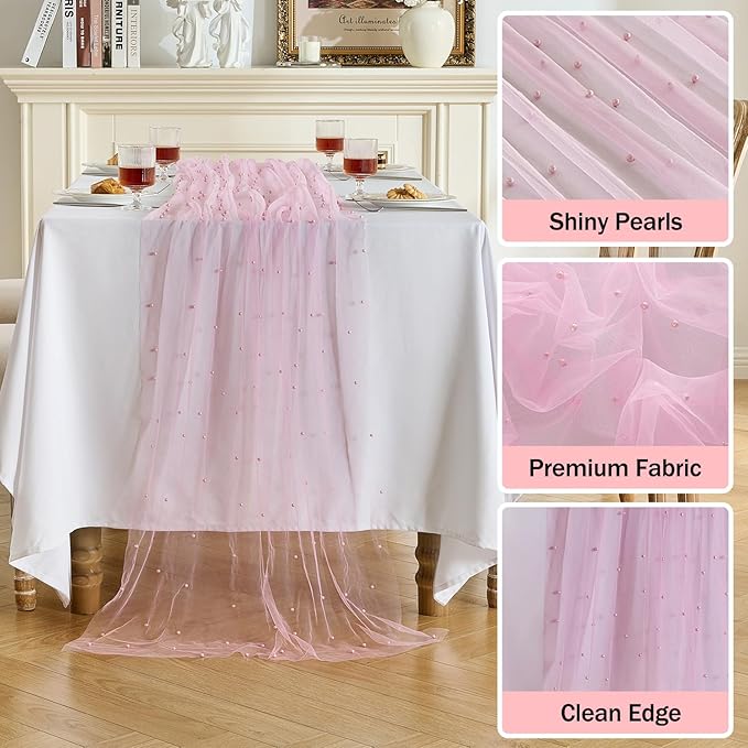 Fanami 6 Pack Pearl Table Runner -10FT Blush Pink Boho Tulle Table Runners 120 - Image 3