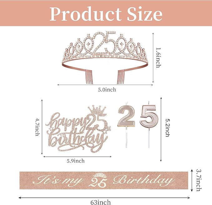 25th Birthday Decorations for Women Including Sash, Tiara/Crown, Numeral - Image 2