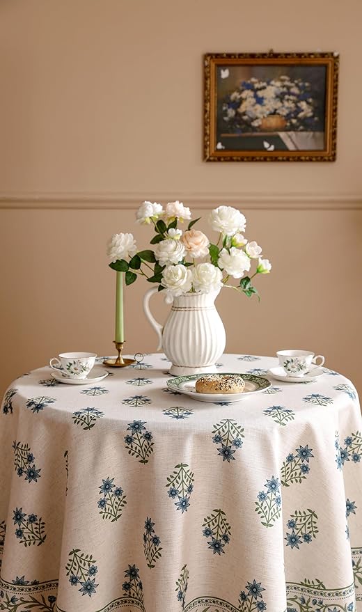 ISAENNE Designer White Linen Round Tablecloth, Chinoiserie Floral Elegant - Image 3