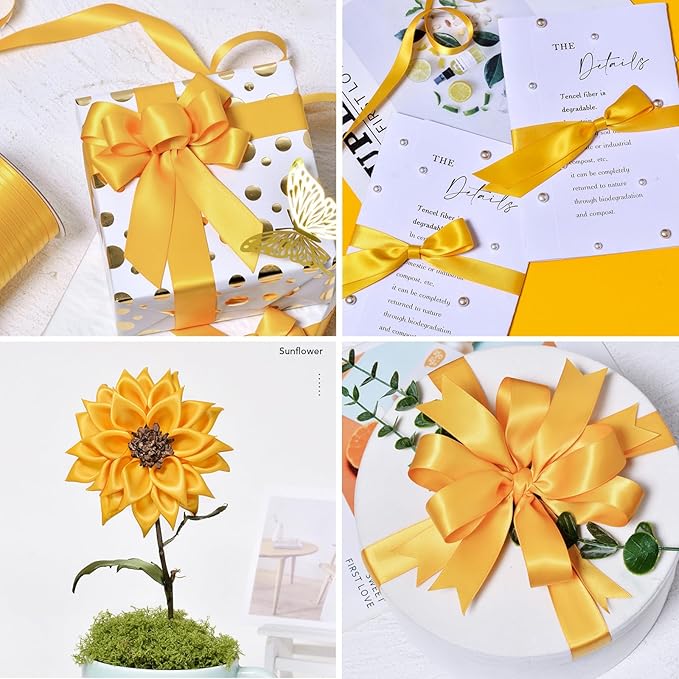 1 Inch Yellow Satin Ribbon 50 Yards Solid Fabric Ribbons - Image 3