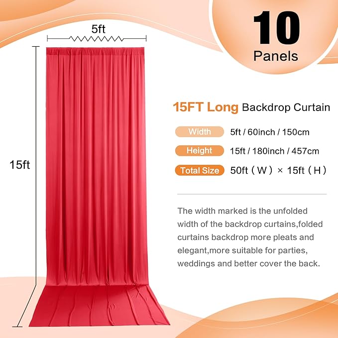 50ft x 15ft Red Wrinkle Free Backdrop Curtains - Image 2