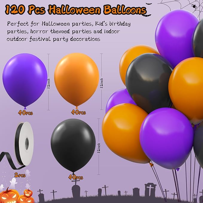 Orange and Black Balloons with Ribbons, 12-Inch Halloween Party Orange Purple - Image 2