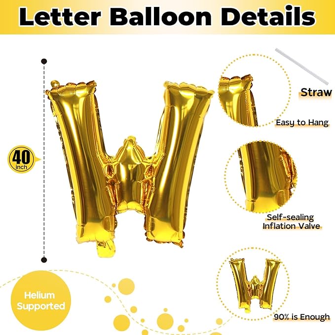 40 Inch Giant Alphabet W Customize Balloons, Large Self Inflating Gold Letter - Image 2