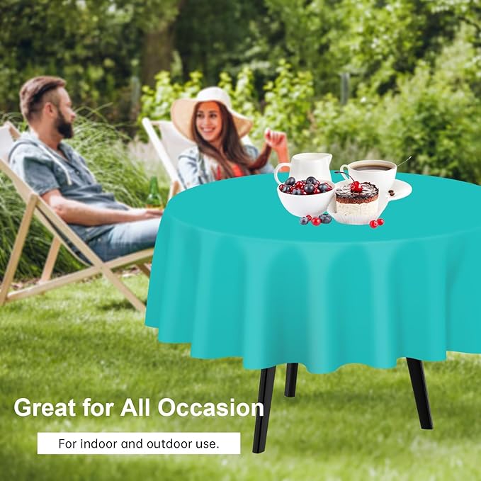 QIKSION Aqua Blue Round Tablecloth 3 Pack, 84 Inch Plastic Table Cover - Image 4